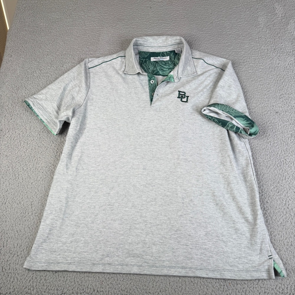 Tommy Bahama Polo Mens XL Gray Baylor BU IslandZone Pima Cotton Tropical Leaf